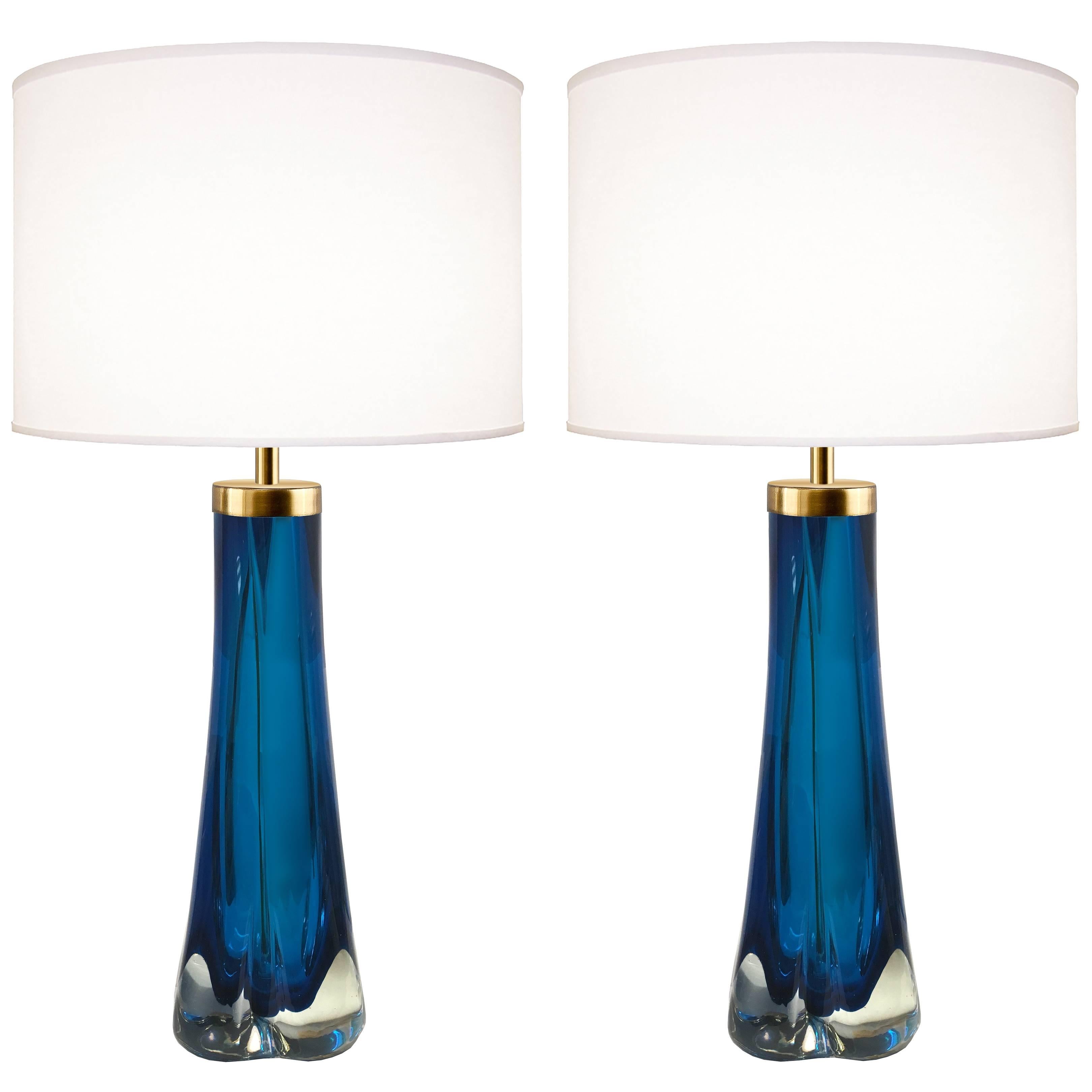 Pair of Thick Cased Blue Glass Lamps from Craig Van Den Brulle to Order For Sale