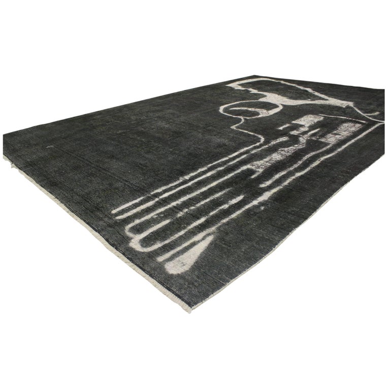 Distressed and Overdyed Charcoal Persian Rug with Revolver Gun Design