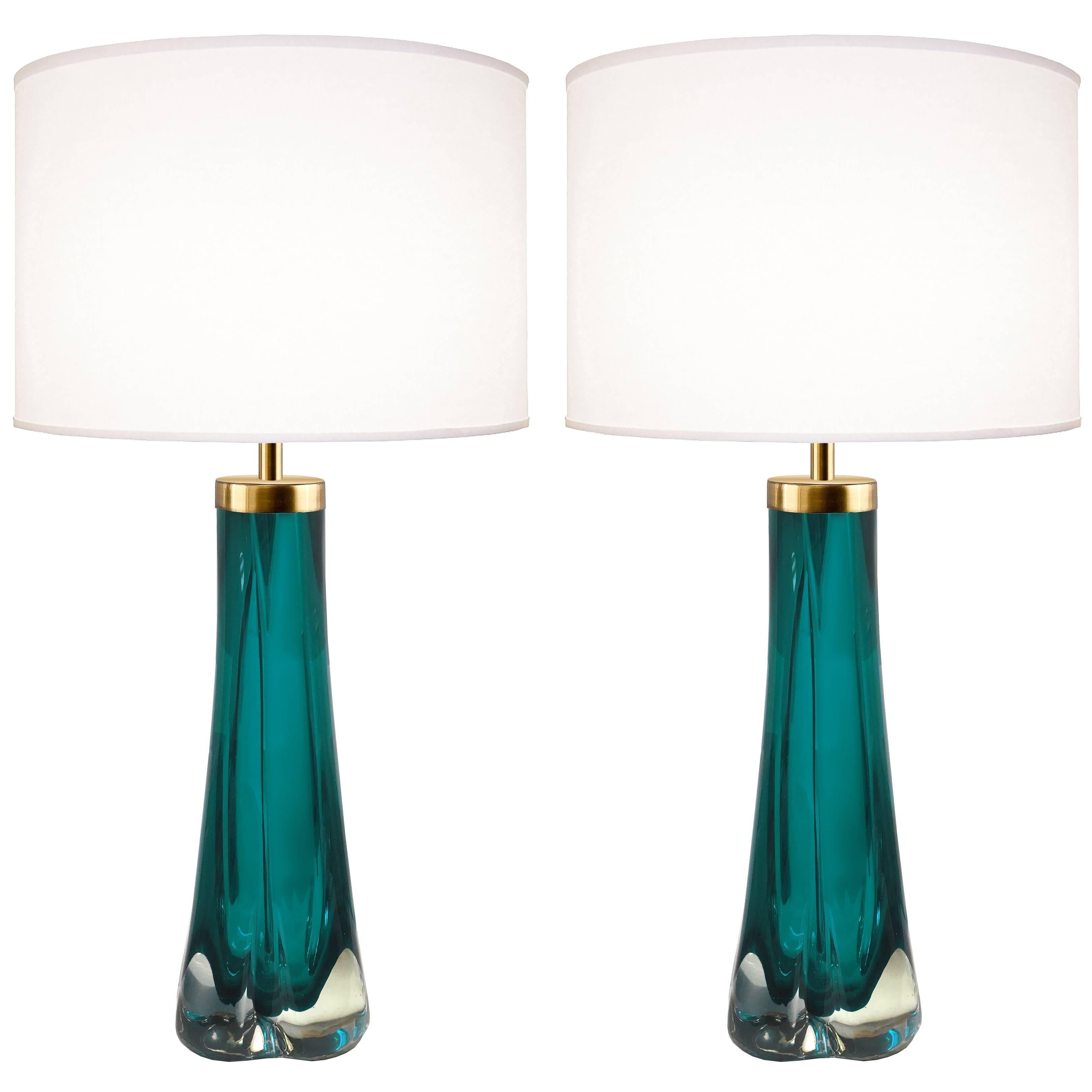 Pair of Thick Cased Aqua Glass Lamps from Craig Van Den Brulle to Order For Sale