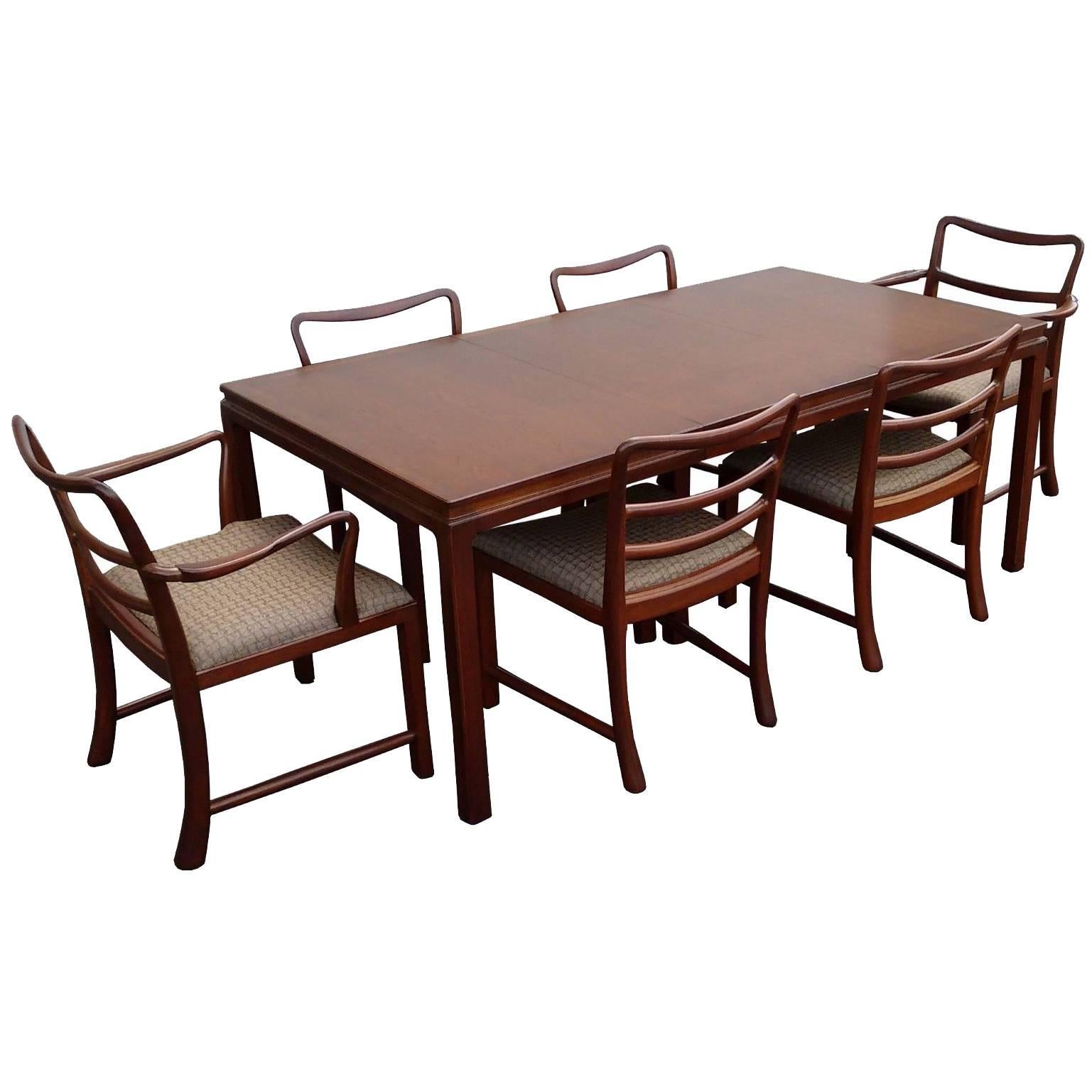 Mid-Century Modern Brown Mahogany Dunbar Extendable Dining Table and Six Chairs