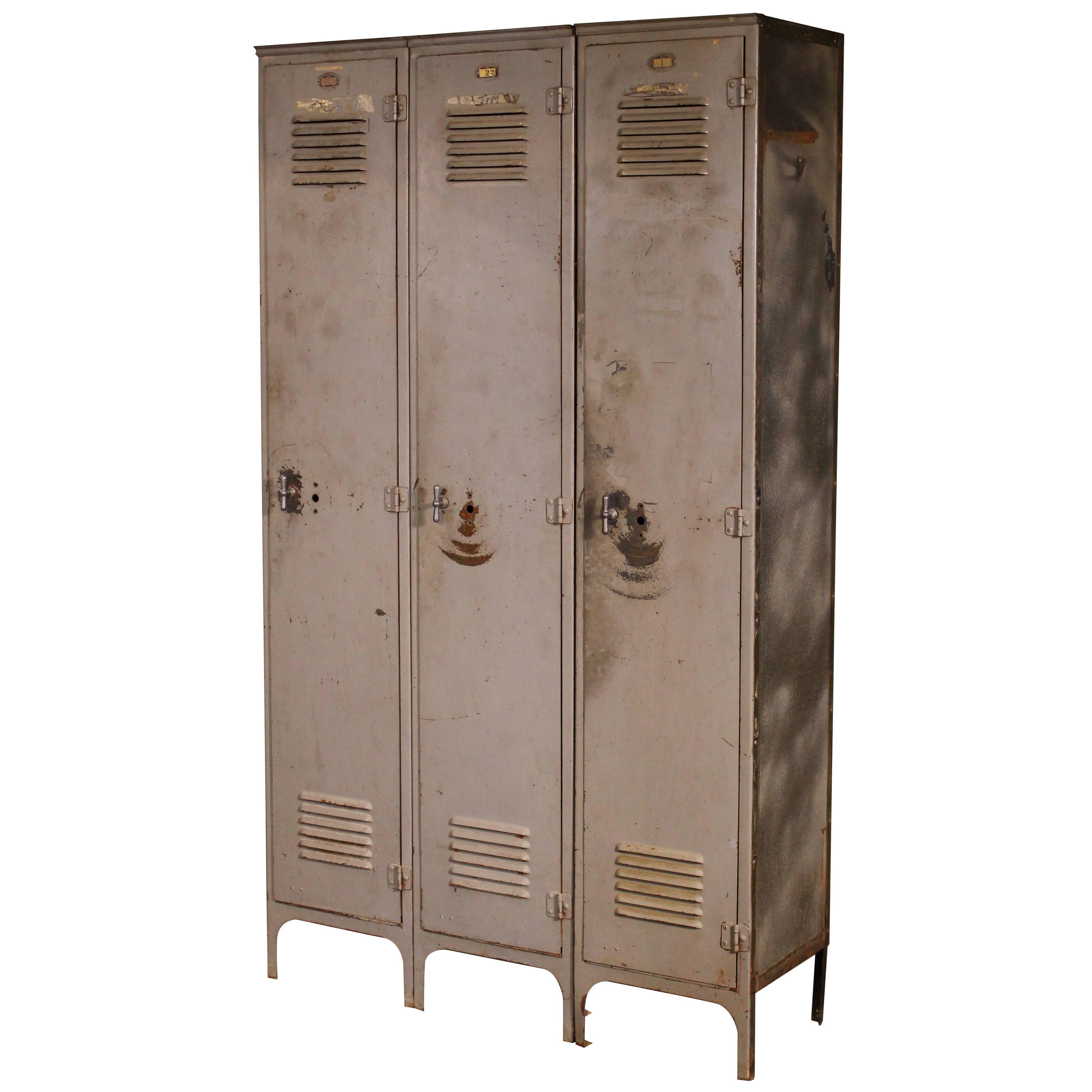 Storage Lockers Vintage Industrial Set of Three Metal Steel Gym School