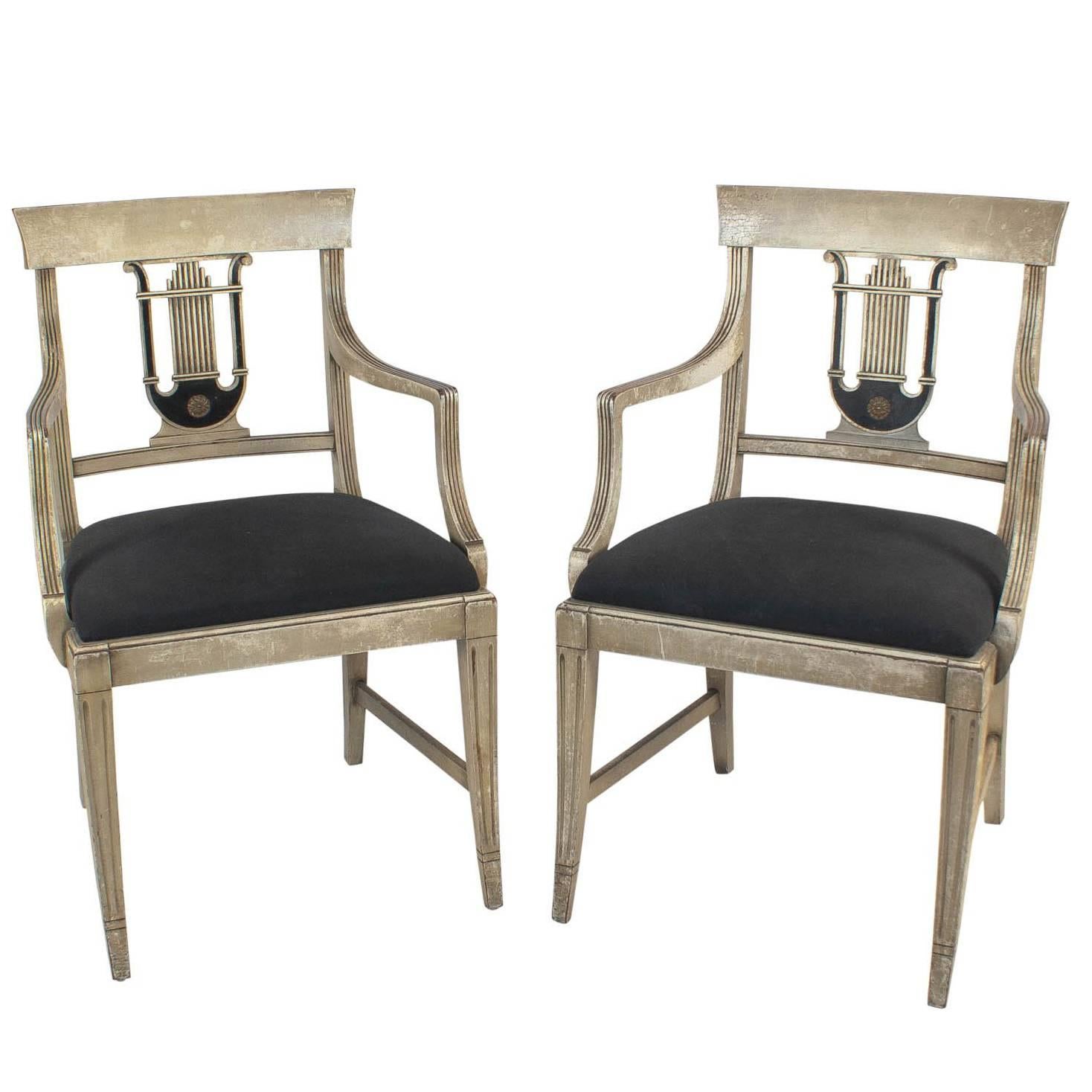 Pair of Hollywood Regency Painted Armchairs in Gray and Black, circa 1940