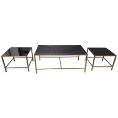 Vintage French Three-Piece Brass Coffee Table Mirrored Glass, Mid-Century Modern