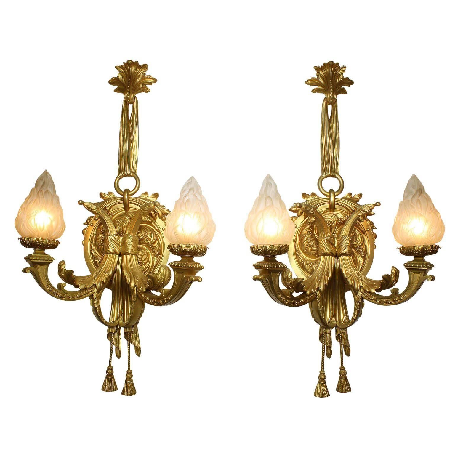 Large Pair of French 19th-20th Century Louis XVI Style Gilt-Bronze Wall Sconces For Sale