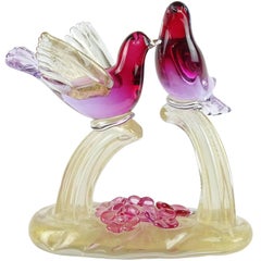 Murano Sommerso Gold Flecks Italian Art Glass Courting Birds Sculpture 6