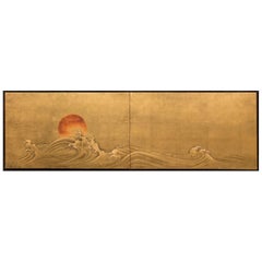 Japanese Two-Panel Screen "Red Sun and Waves on Gold Leaf"