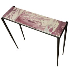 Shibori Console Table with Hand-Painted Goatskin Parchment and Hand-Forged Steel