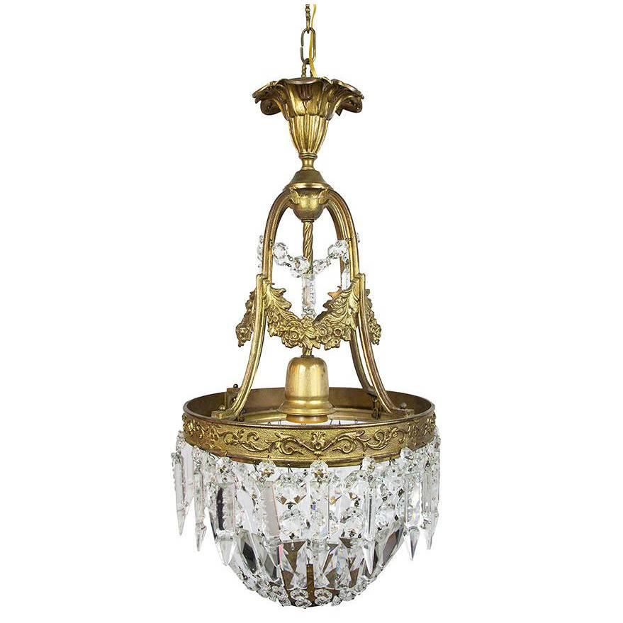 Italian Empire Style Brass and Crystal One-Light Chandelier For Sale