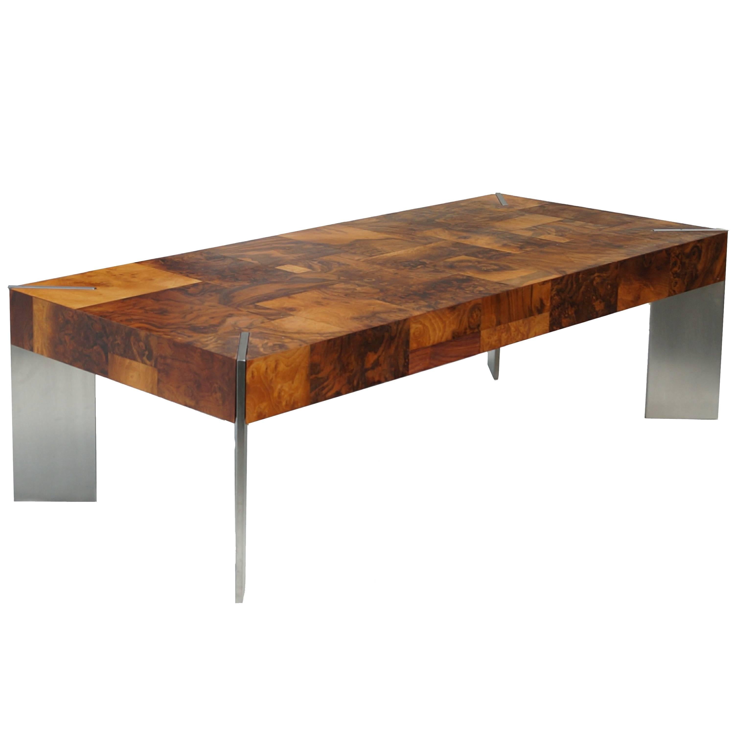 Burl Wood Patchwork Mid-Century Modern Coffee Sofa Table Style of Paul Evans