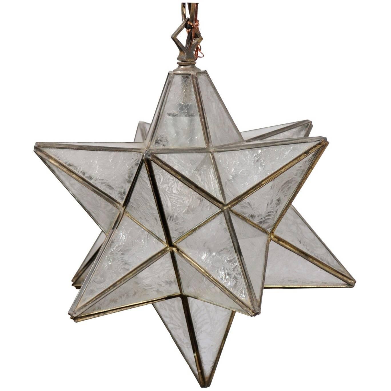 French Mid-Century Star Light Pendant with Metal Frame and Etched Glass Panels