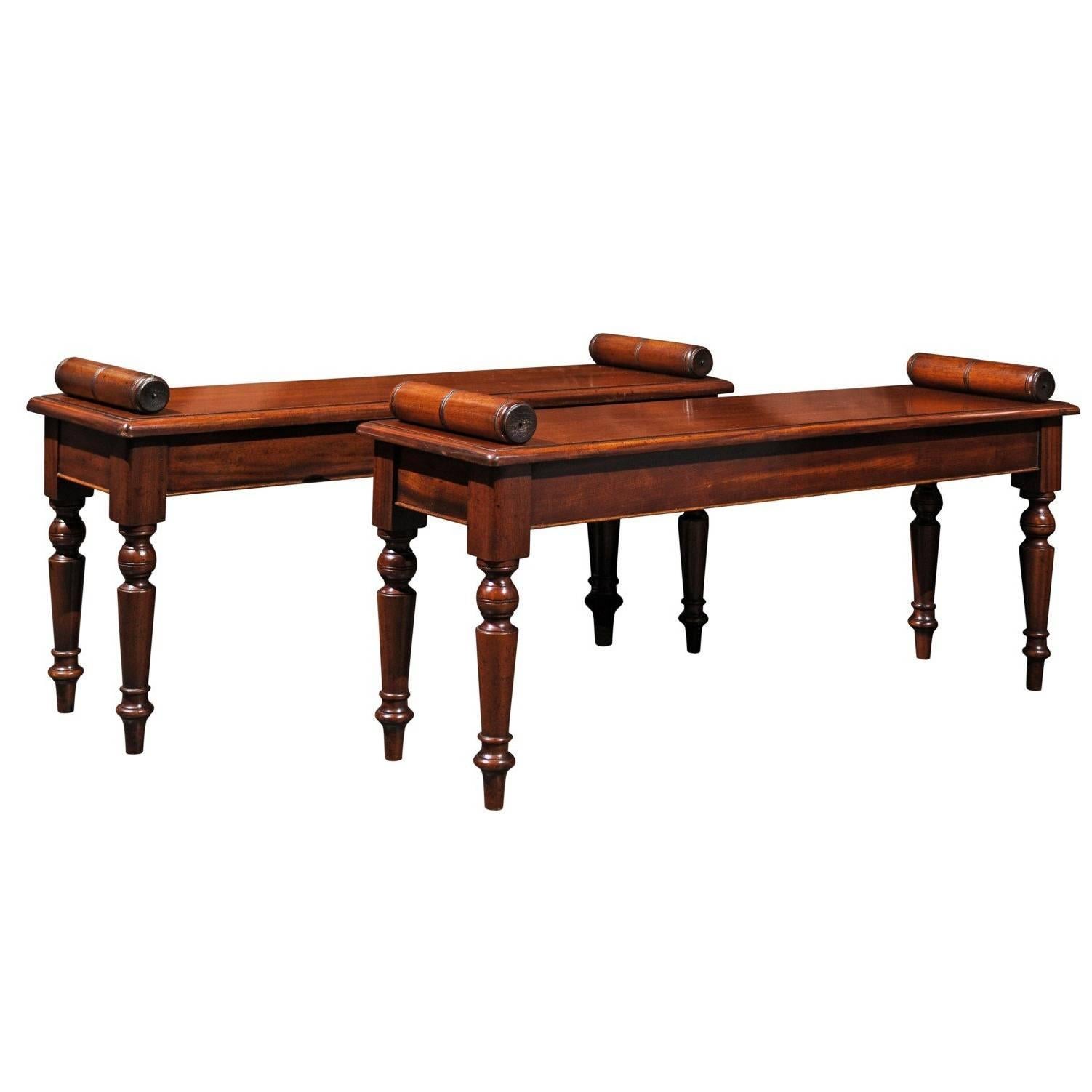 English Mid-19th Century Wooden Hall Benches with Cylindrical Armrests
