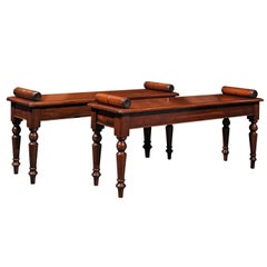 English Mid-19th Century Wooden Hall Benches with Cylindrical Armrests