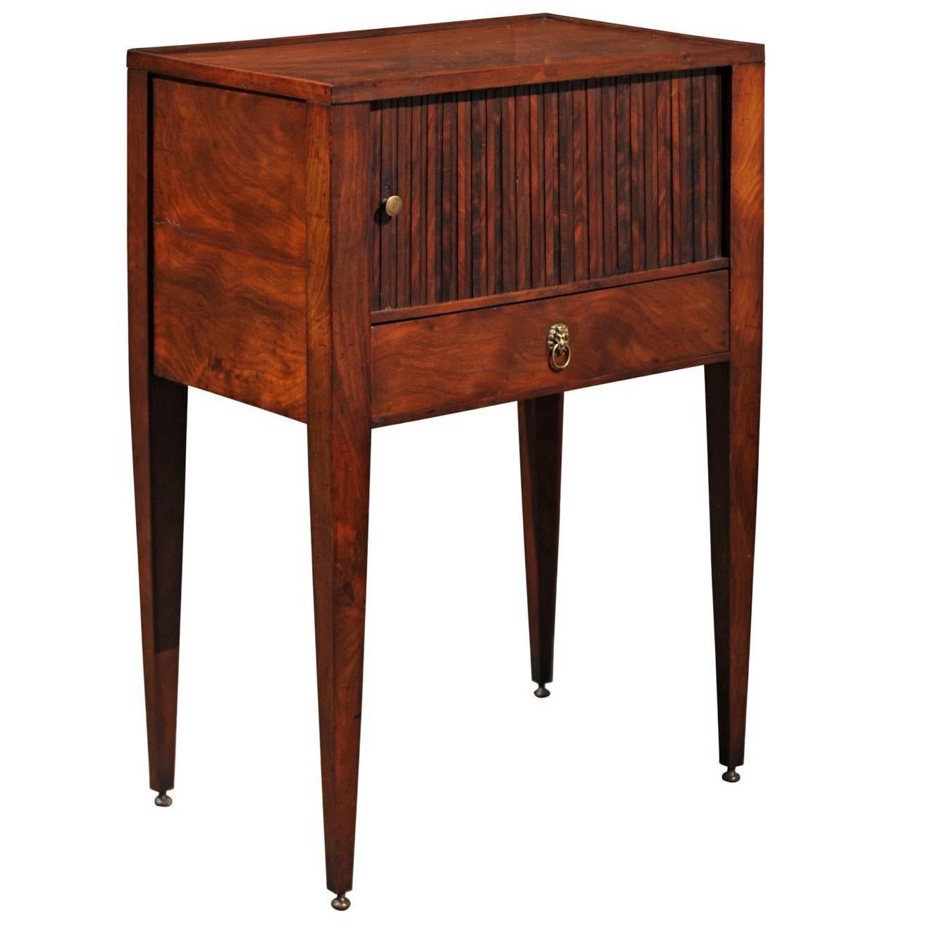 English 1880 Wooden Side Table with Tambour Door, Single Drawer and Tapered Legs