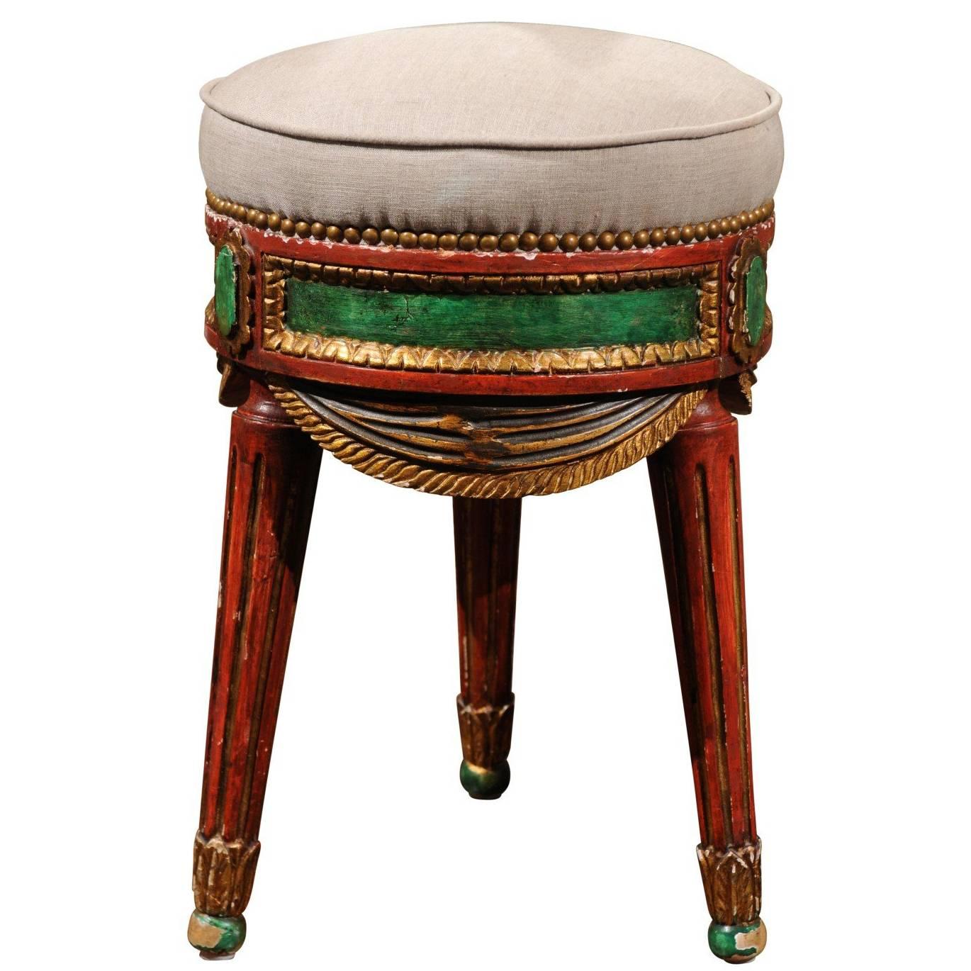 Venetian Red and Green Painted Wood Upholstered Stool with Gilt Accents