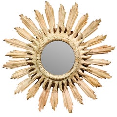 Antique French Bleached Wood Double Layered Sunburst Mirror from the Early 20th Century