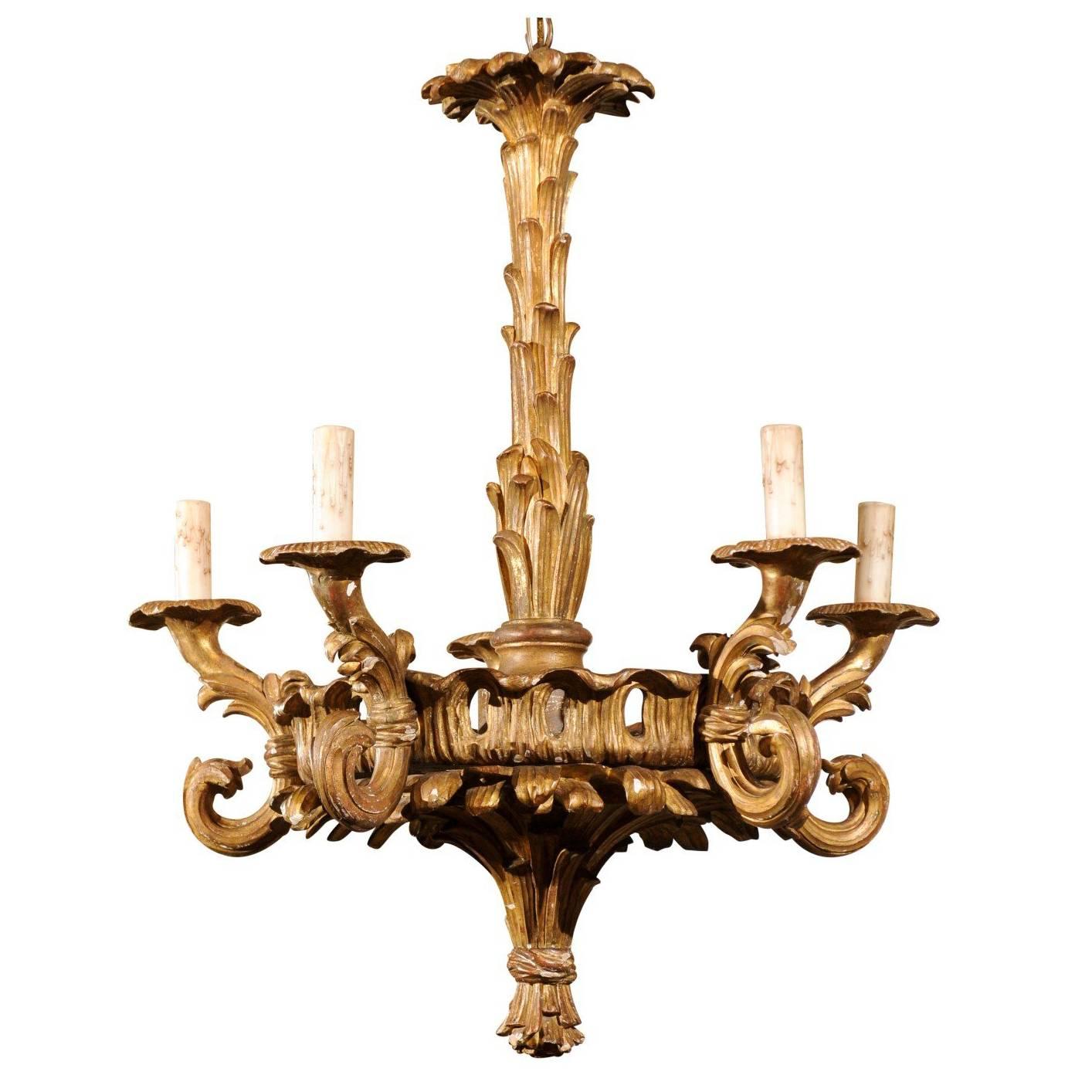 French Five-Light Foliage Themed Giltwood Carved Chandelier, Early 20th Century For Sale