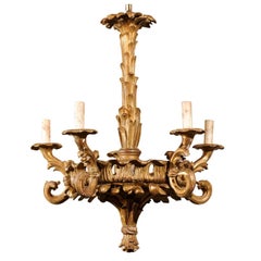 Antique French Five-Light Foliage Themed Giltwood Carved Chandelier, Early 20th Century