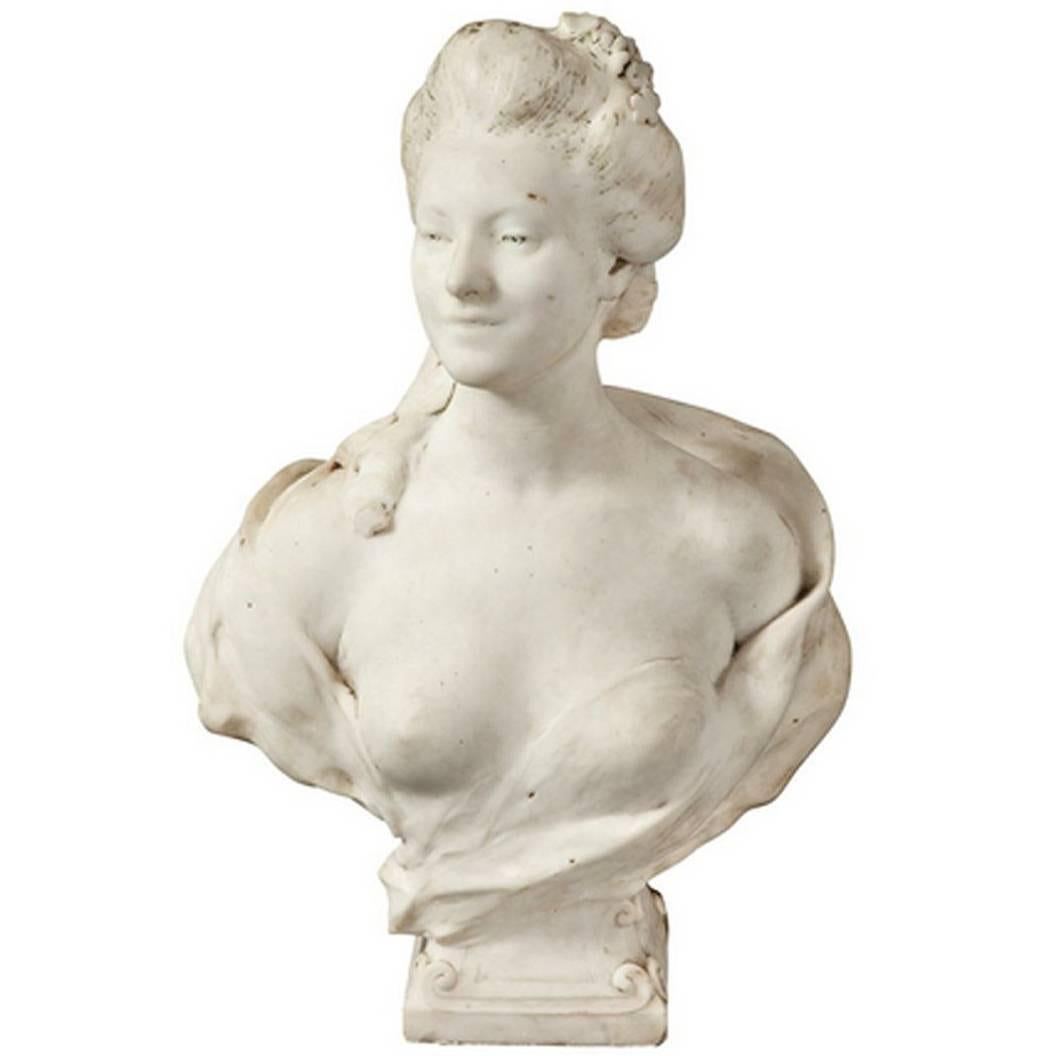 Beautiful White Marble Bust of French Aristocratic Woman, Signed Mercie For Sale