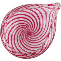 Fratelli Toso Murano Pink White Swirling Ribbons Italian Art Glass Bowl