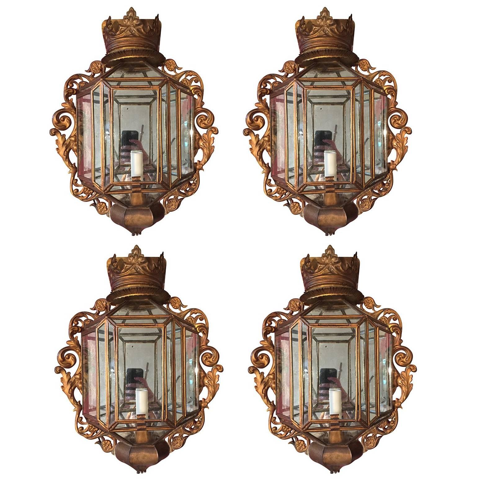 Set of Four Spanish Baroque Style Gilt Tole Wall Lanterns, circa 1900