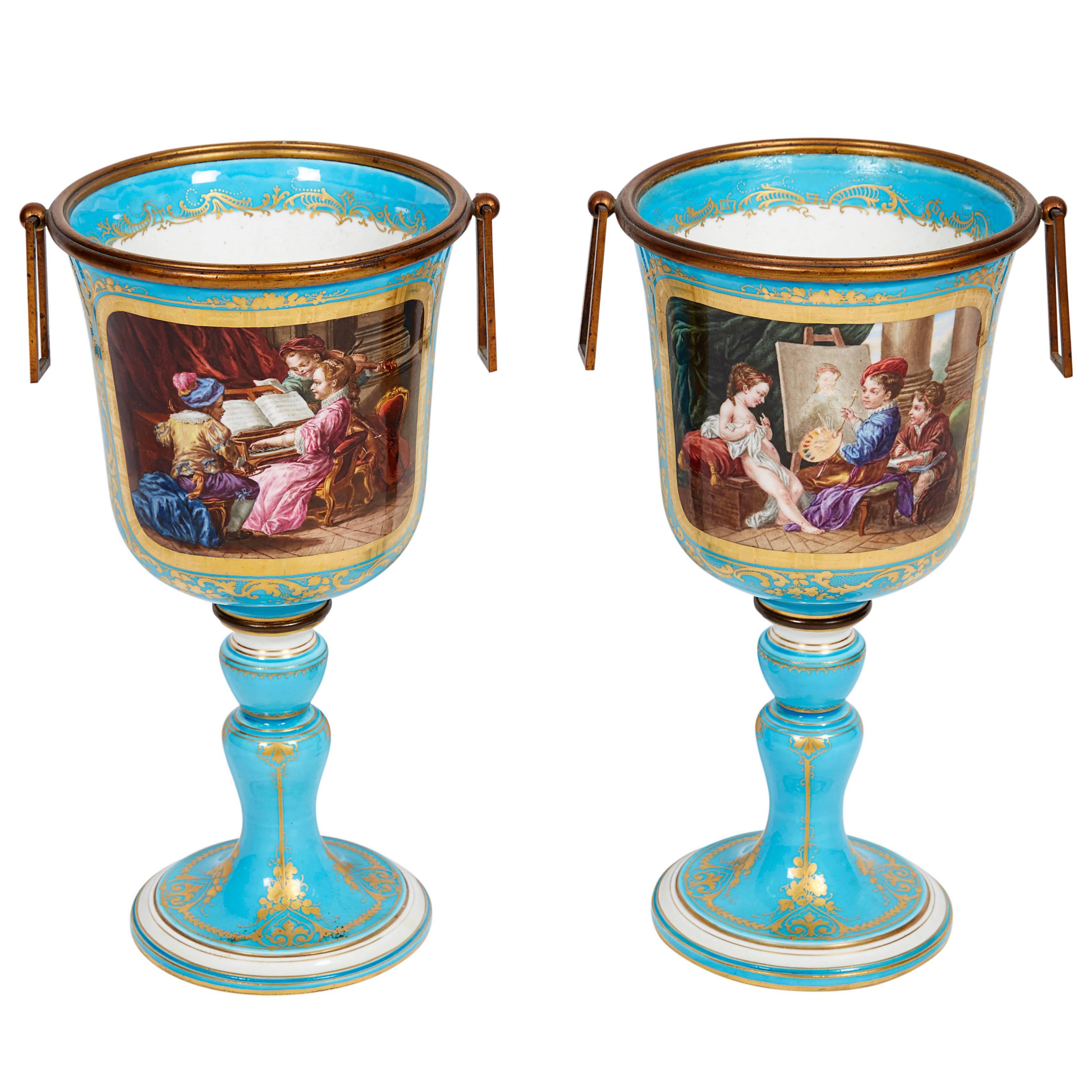 Pair of French Sevres Turquoise Porcelain Cups or Vases, 19th Century