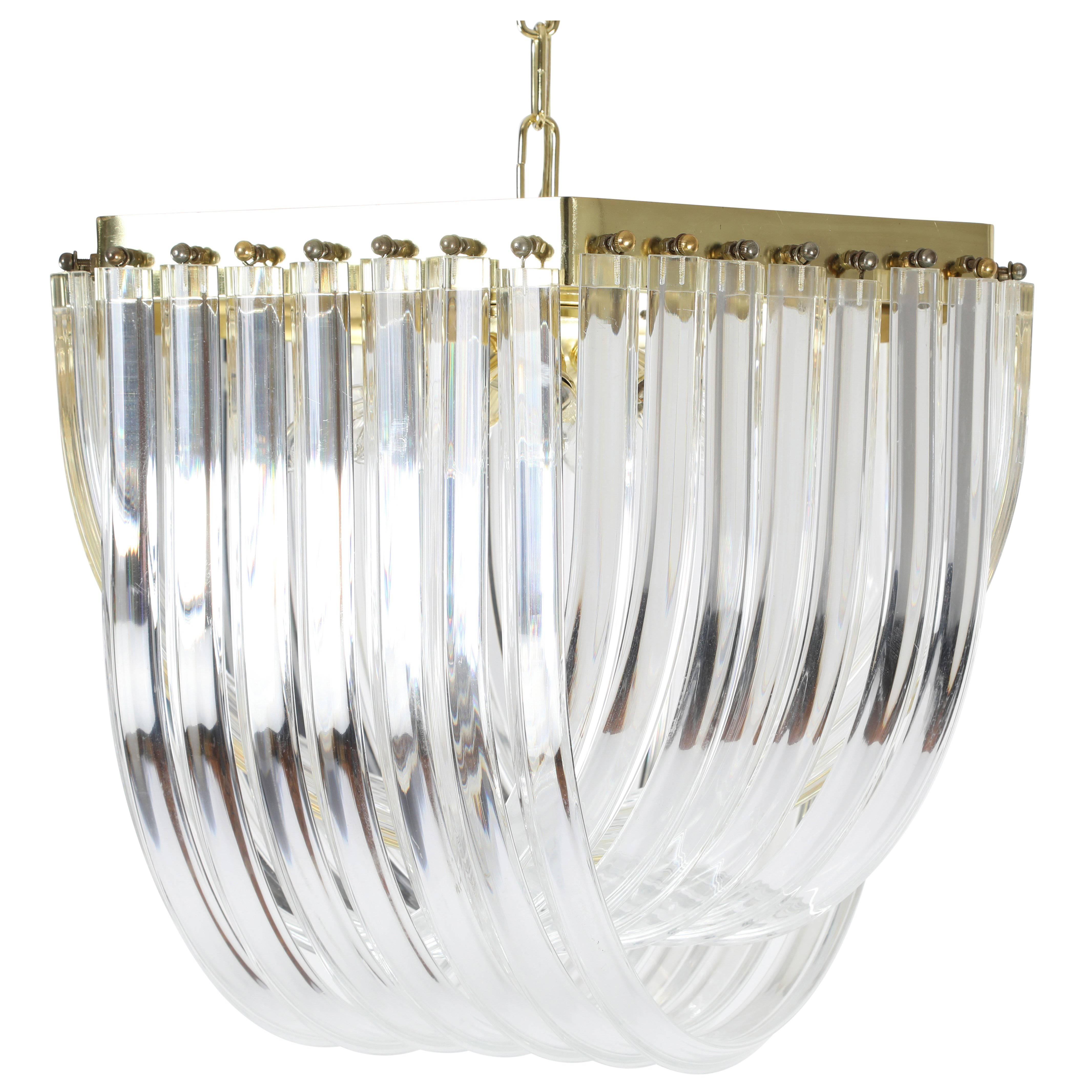 1970s Bent-Lucite Chandelier with Brass Frame