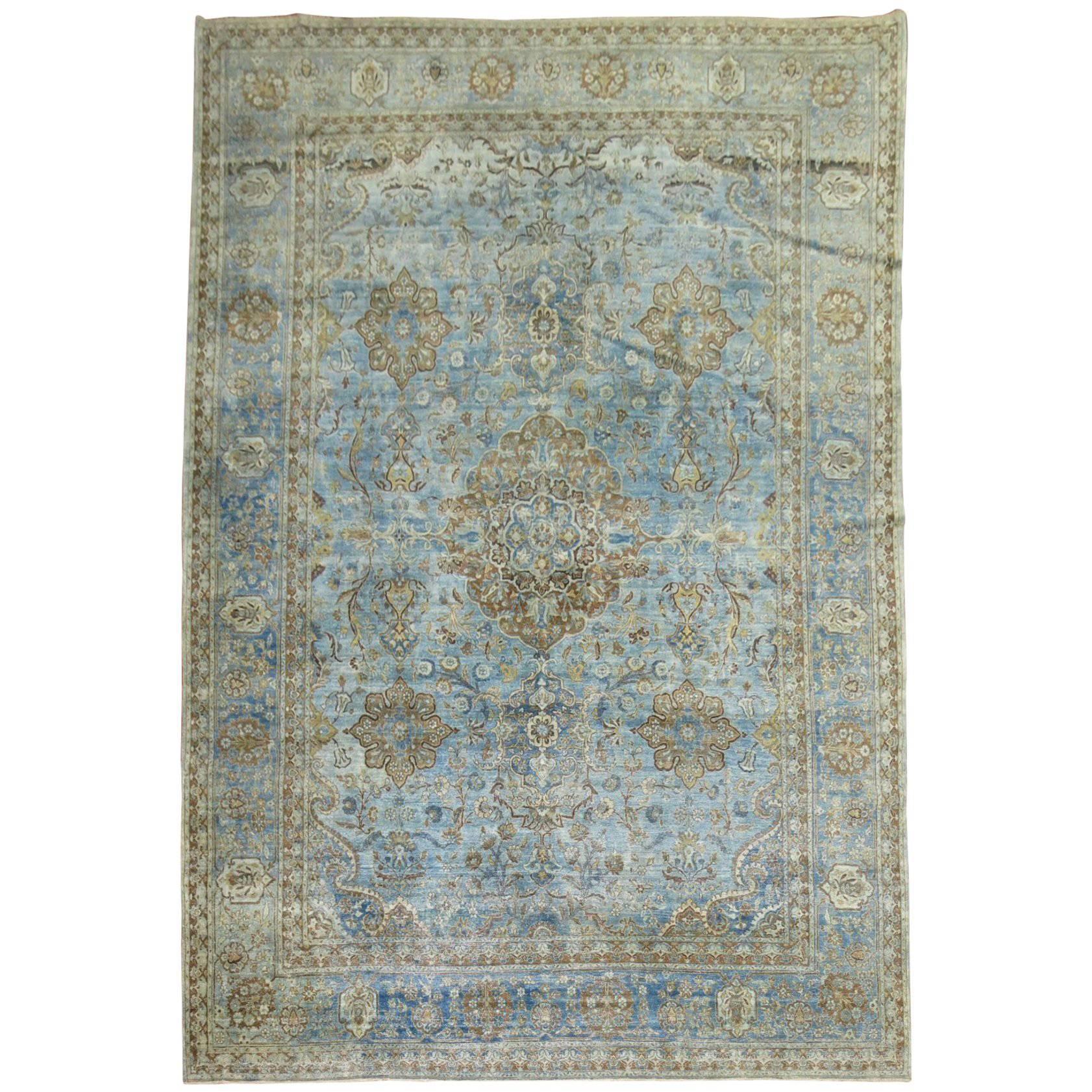 Zabihi Collection Blue Antique Persian Kashan Rug For Sale