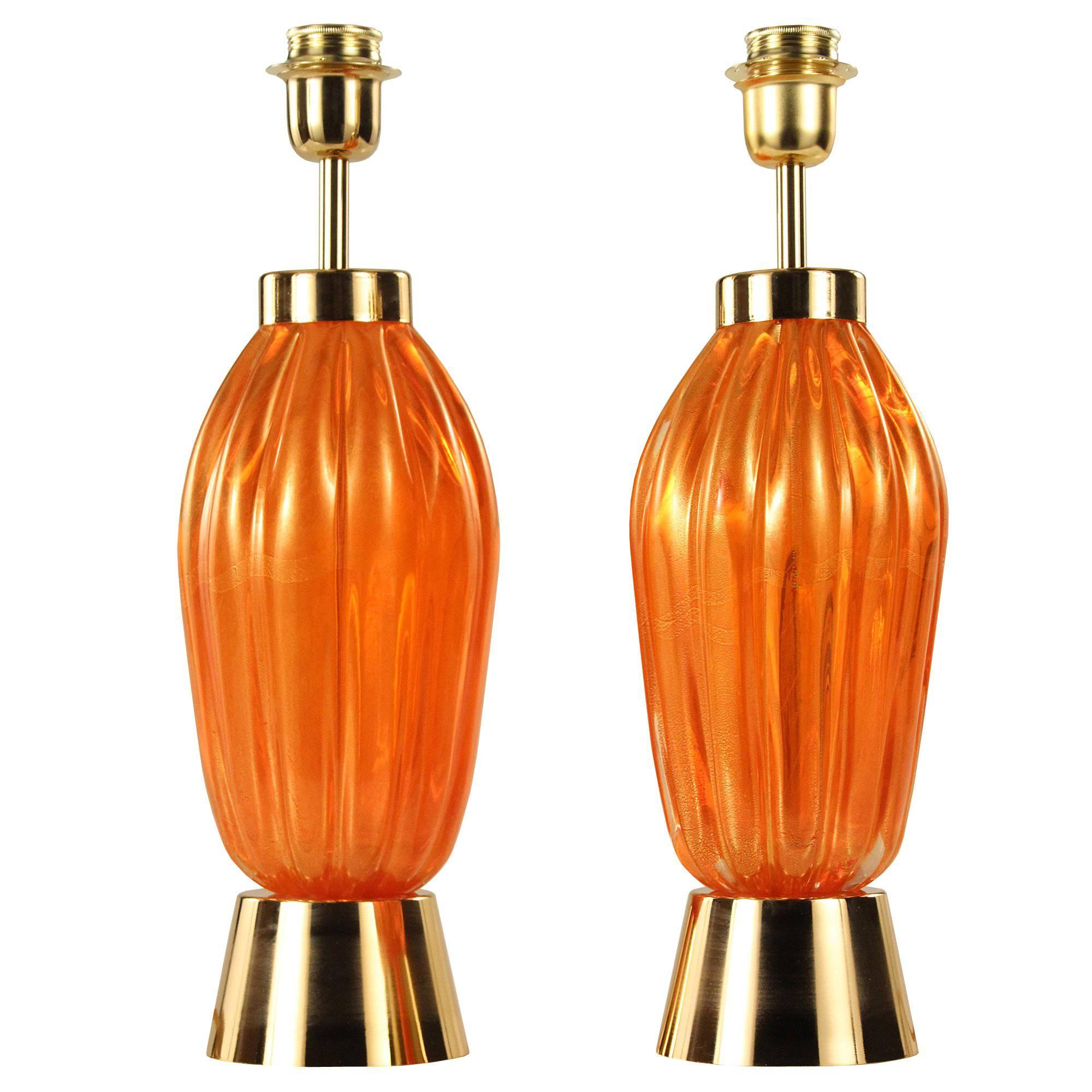 Pair of Vintage Murano Blown Glass Table Lamps, Orange and Gold Leaf