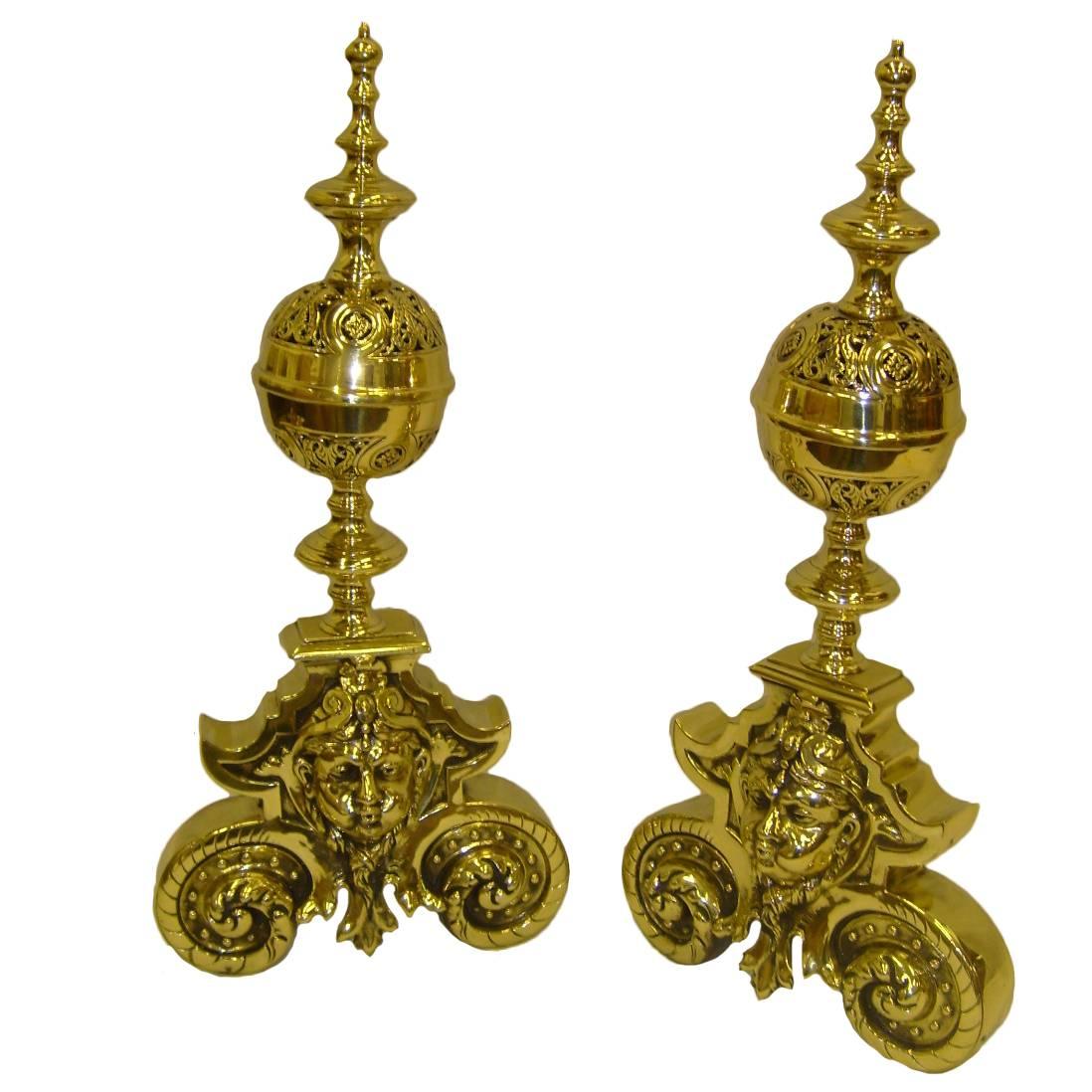 Pair of Polished Brass Chenets or Andirons, 19th Century