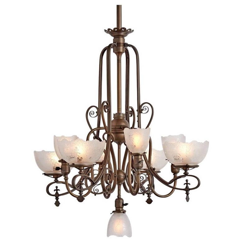 French Victorian Bronze NineLight Converted Gas Chandelier For Sale at