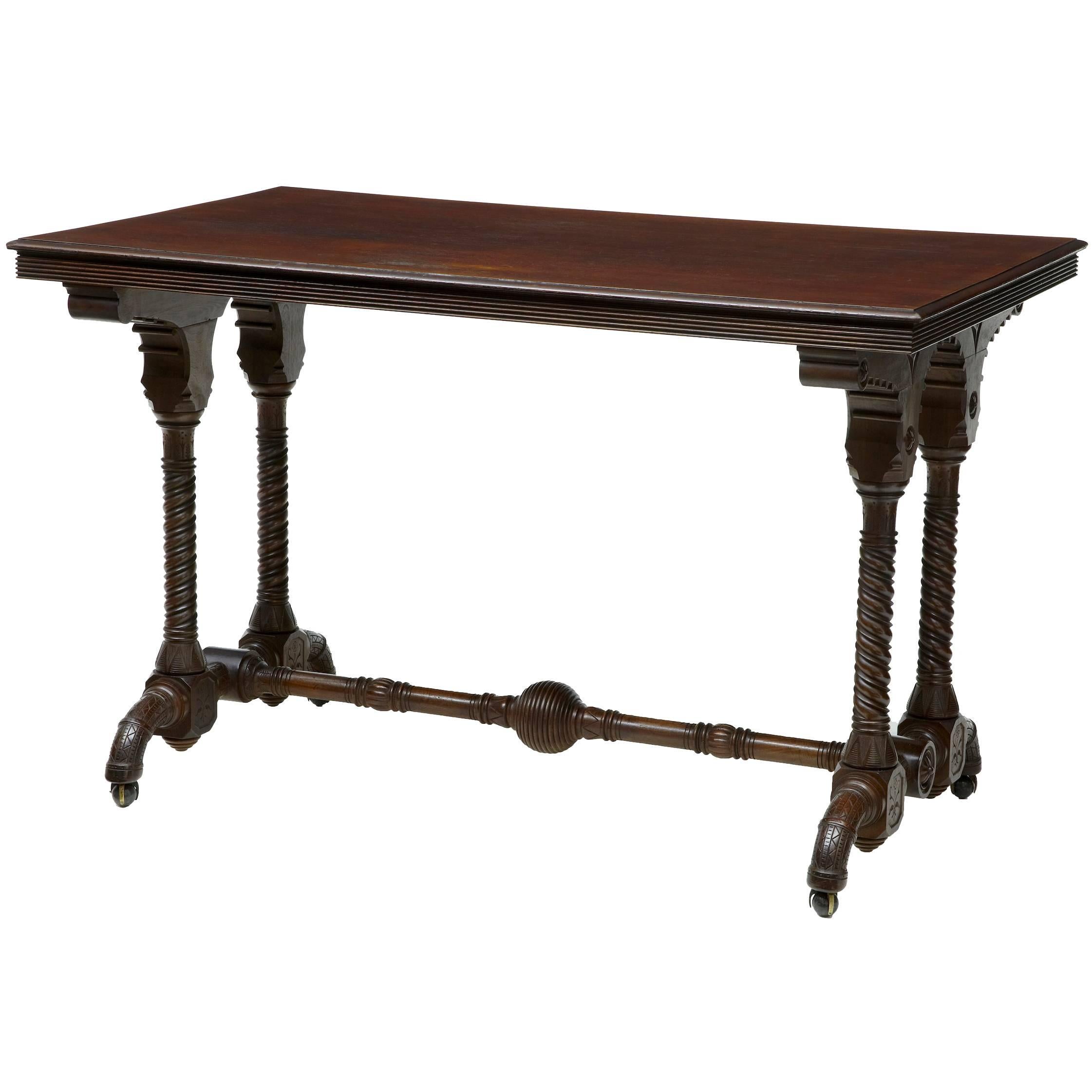 Unusual Arts & Crafts 19th Century Carved Walnut Library Table