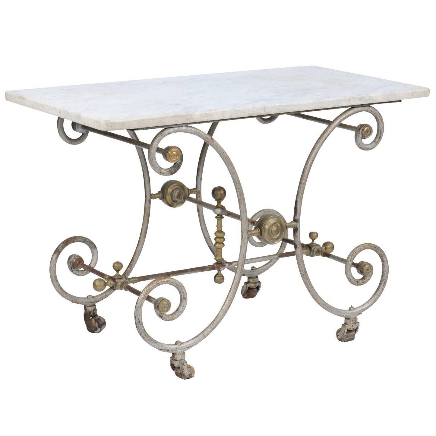 French Iron and Marble-Top Baker's Table with Curly Gilded Legs and Casters