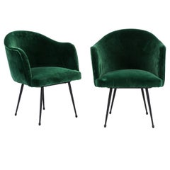 Pair of French Mid-Century Green Velvet Upholstered Tub Armchairs