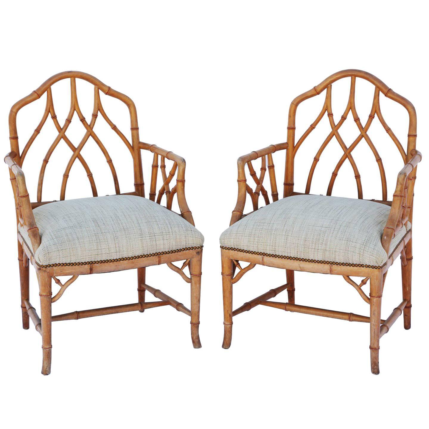Pair of Gothic Style Fretwork Faux Bamboo Armchairs
