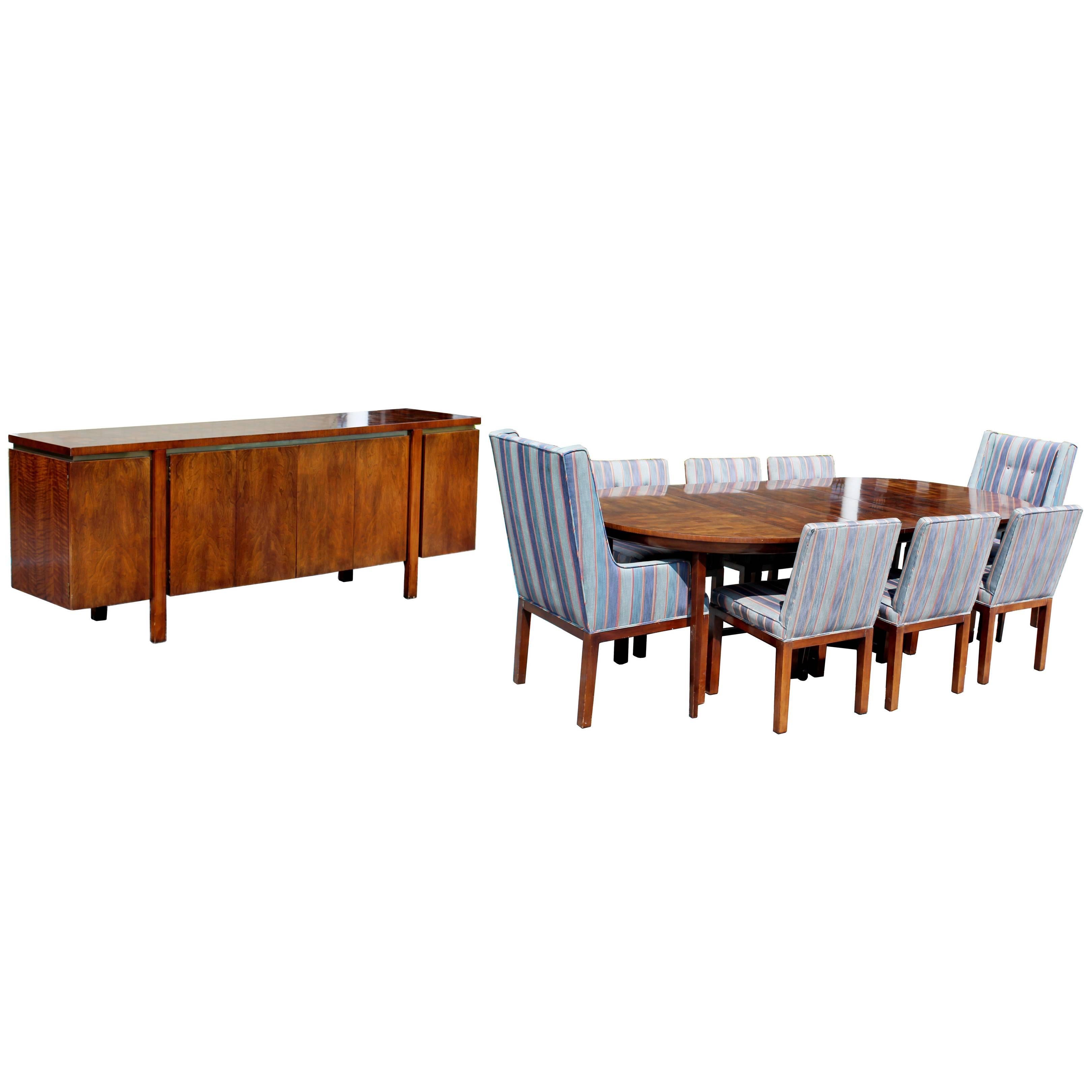 Mid-Century Modern Dining Set Oval Table Three Leafs Eight Chairs & Credenza