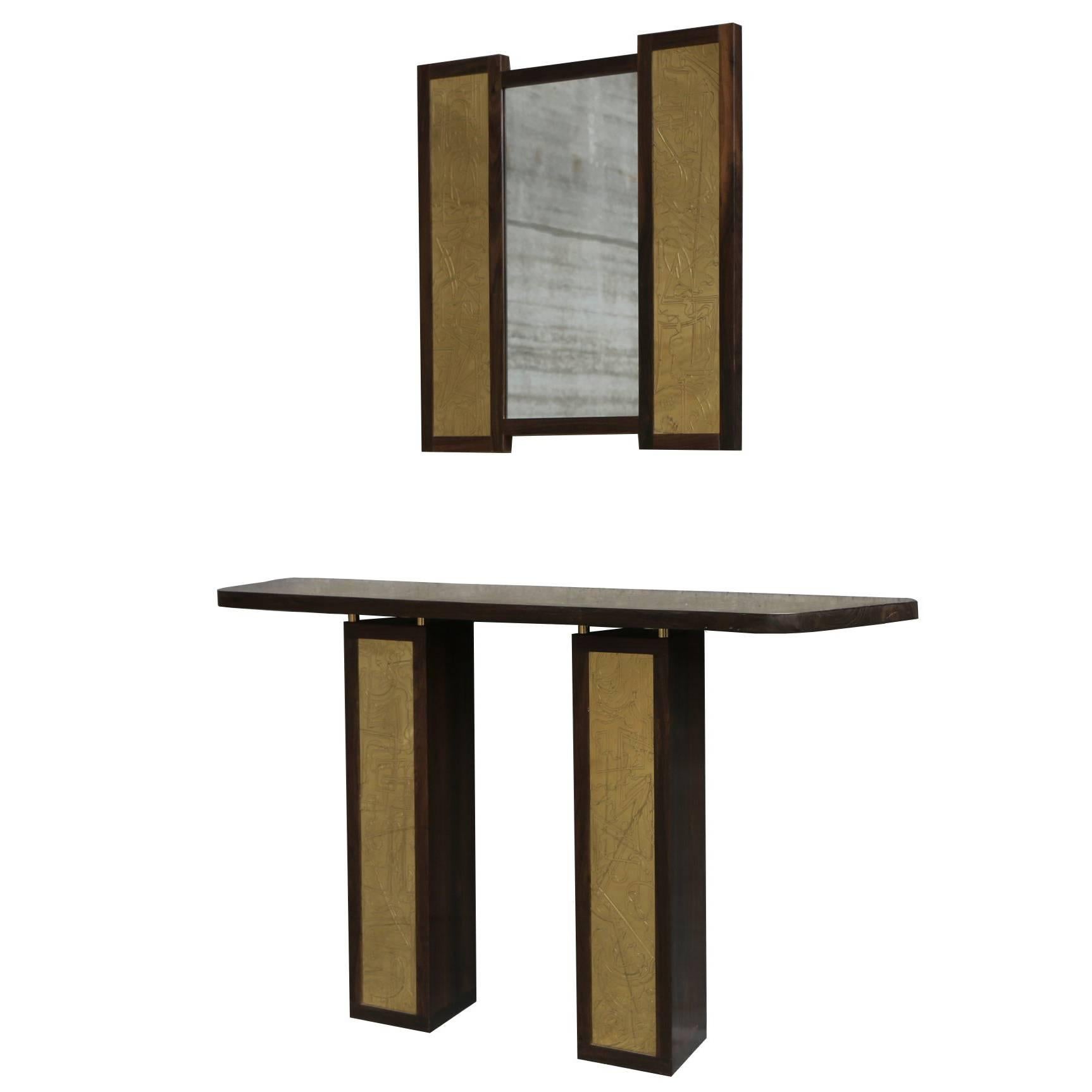 Solid Rosewood and Etched Brass Console and Mirror by Studio Belgali For Sale