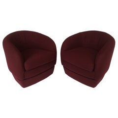 Pair of Milo Baughman Style Fully Upholstered Swivel Lounge Chairs