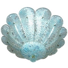 Barovier & Toso Italian Murano Glass Flush Mount Chandelier with Blue Leaves 6