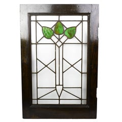Arts & Crafts Stained Glass Window with Green Leaf Pattern, circa 1915