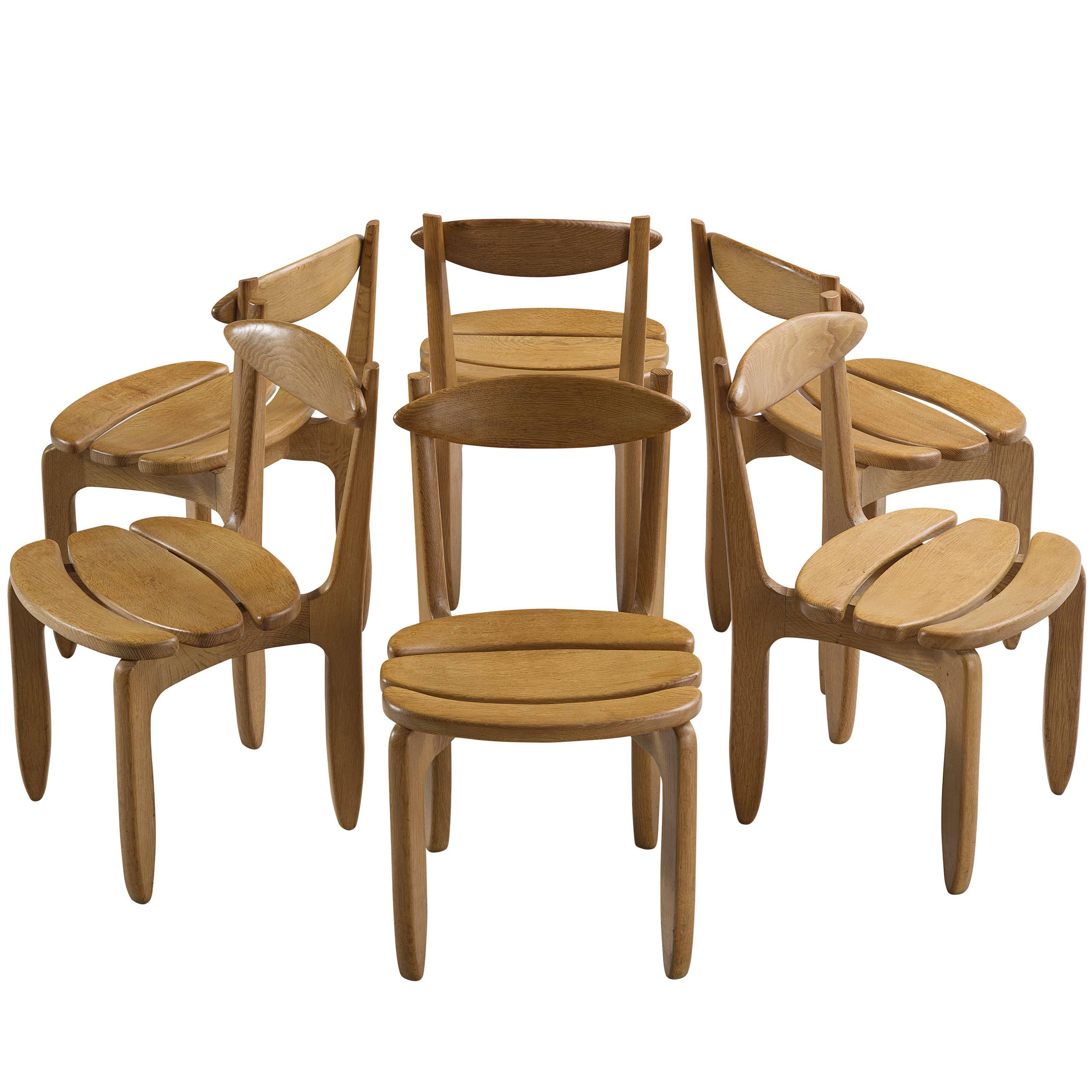 Guillerme & Chambron Set of Six Dining Chairs in Solid Oak