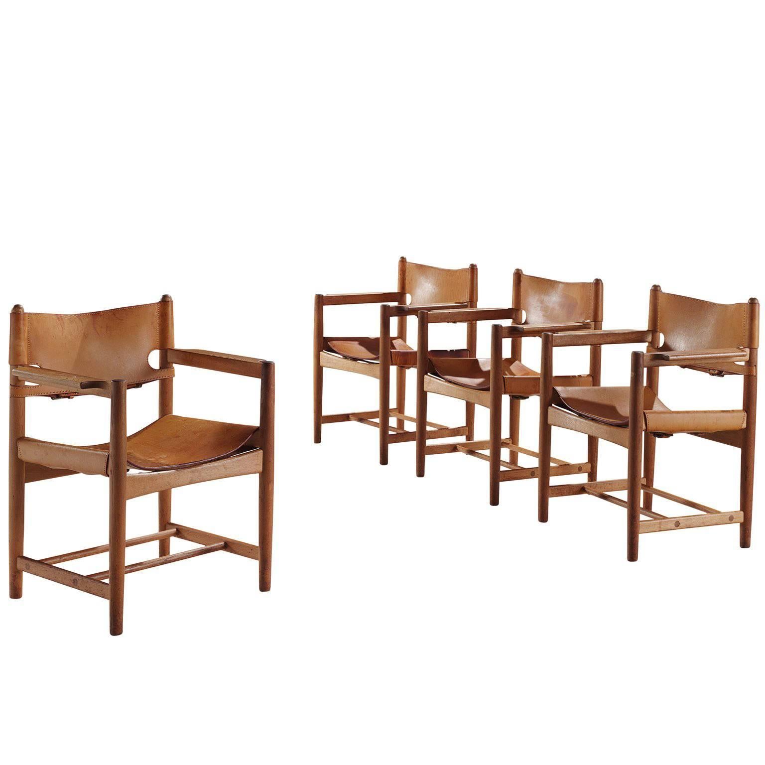 Børge Mogensen Set of Four Armchairs in Oak and Light Cognac Leather