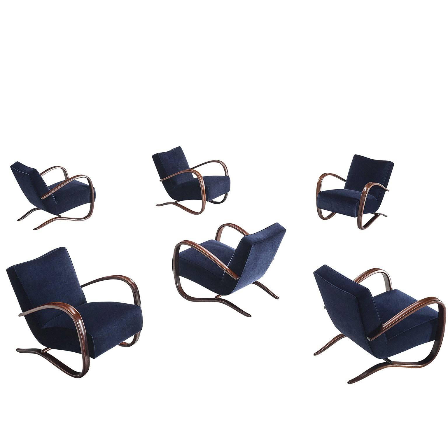 Jindrich Halabala Lounge Chairs in Navy Blue Velvet