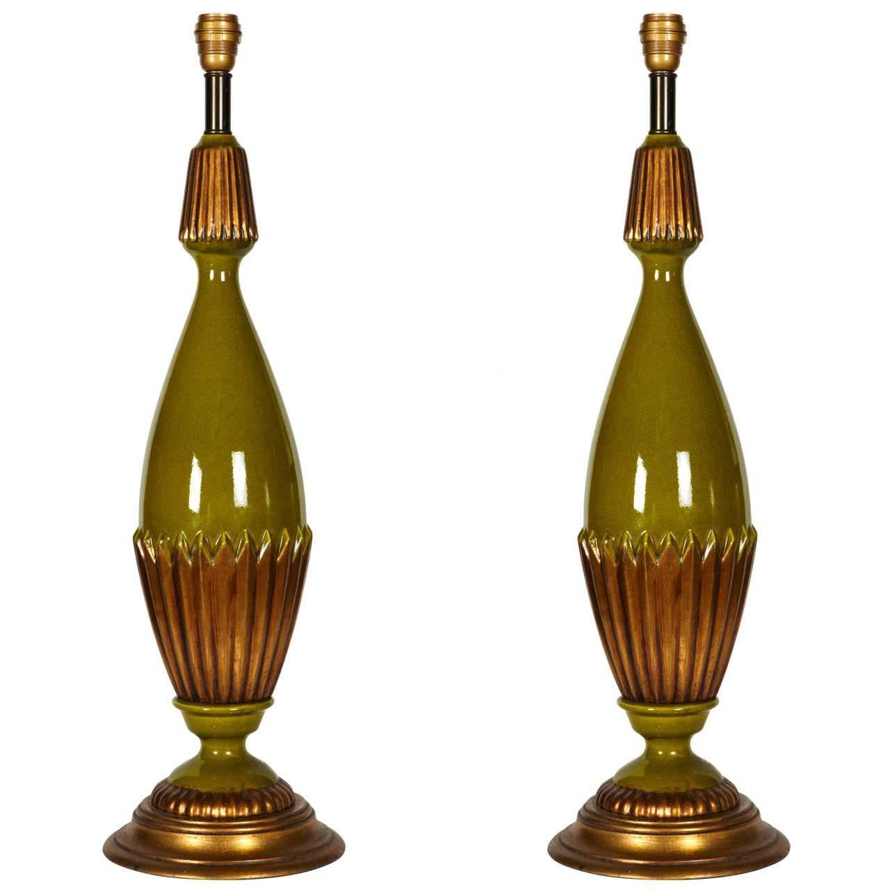 Huge Green and Gold Ceramic Lamps For Sale