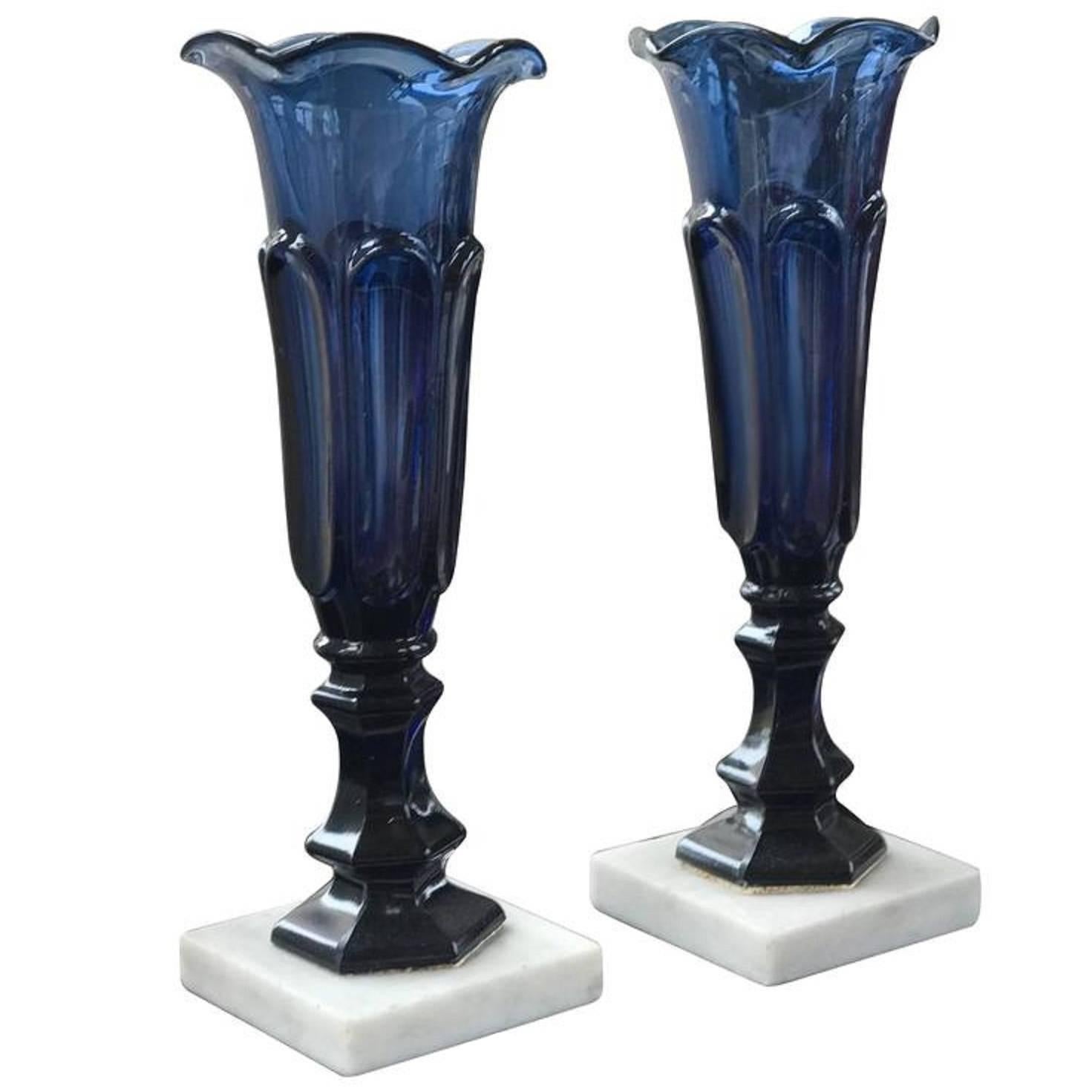 Pair of Sandwich Glass Vases on Marble Bases, circa 1860 For Sale