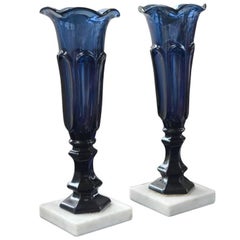 Pair of Sandwich Glass Vases on Marble Bases, circa 1860