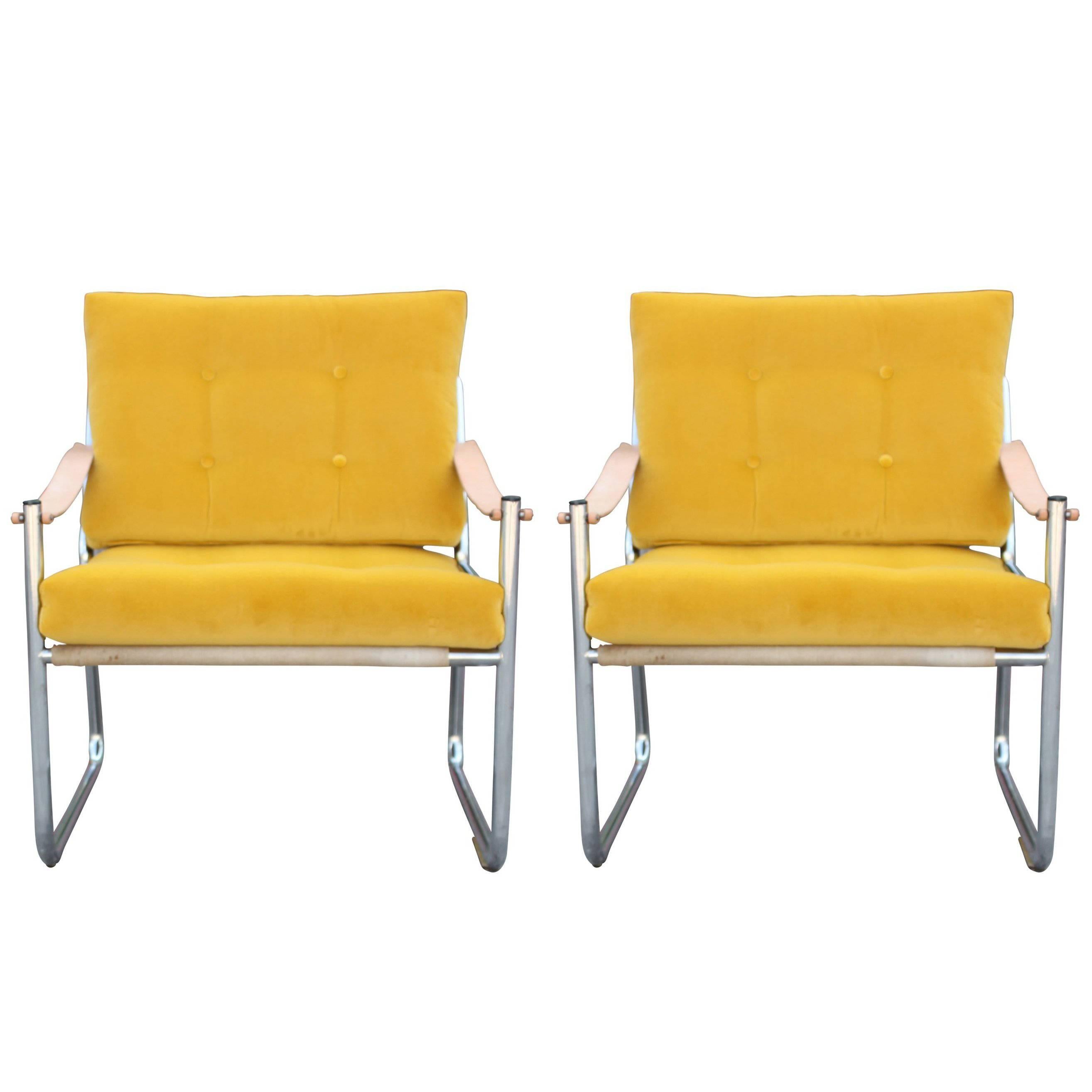 Pair of Modern Danish Safari Style Lounge Chairs with Leather Straps and Chrome