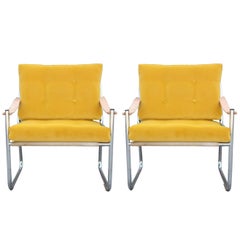 Pair of Modern Danish Safari Style Lounge Chairs with Leather Straps and Chrome