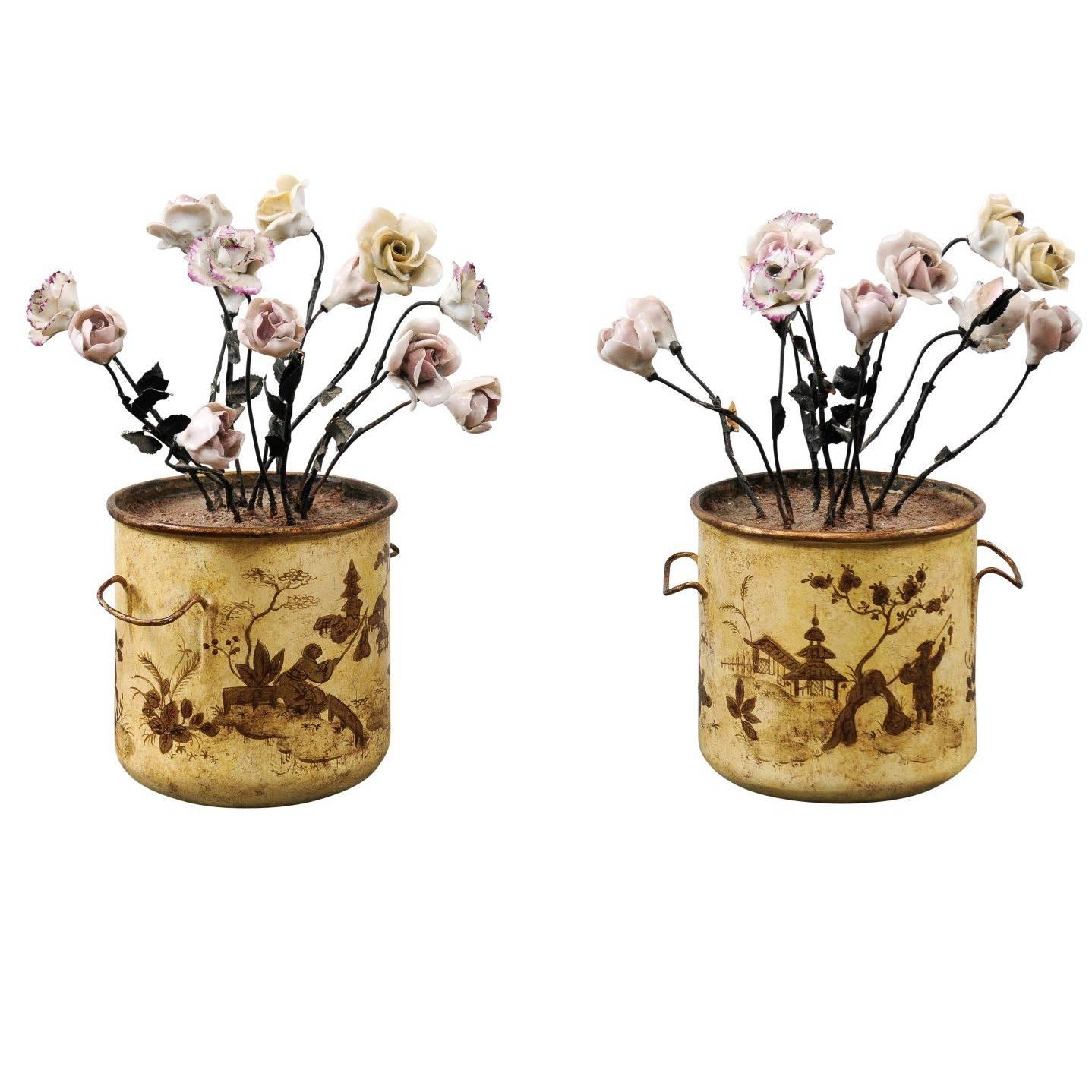 Pair of French Tole and Porcelain Flower Planters, 19th Century