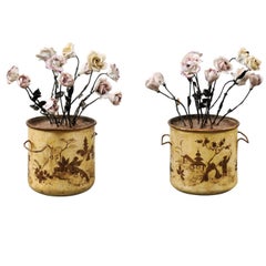 Pair of French Tole and Porcelain Flower Planters, 19th Century