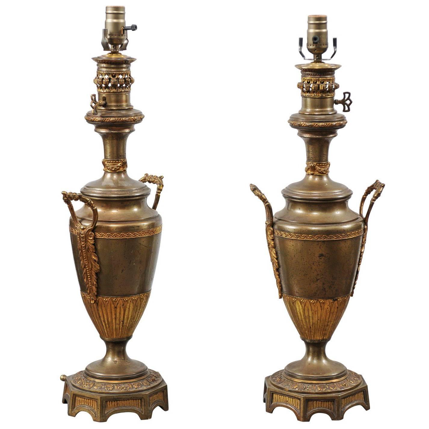 Pair of Neoclassical Style French Gilt Metal Urn Lamps, circa 1880